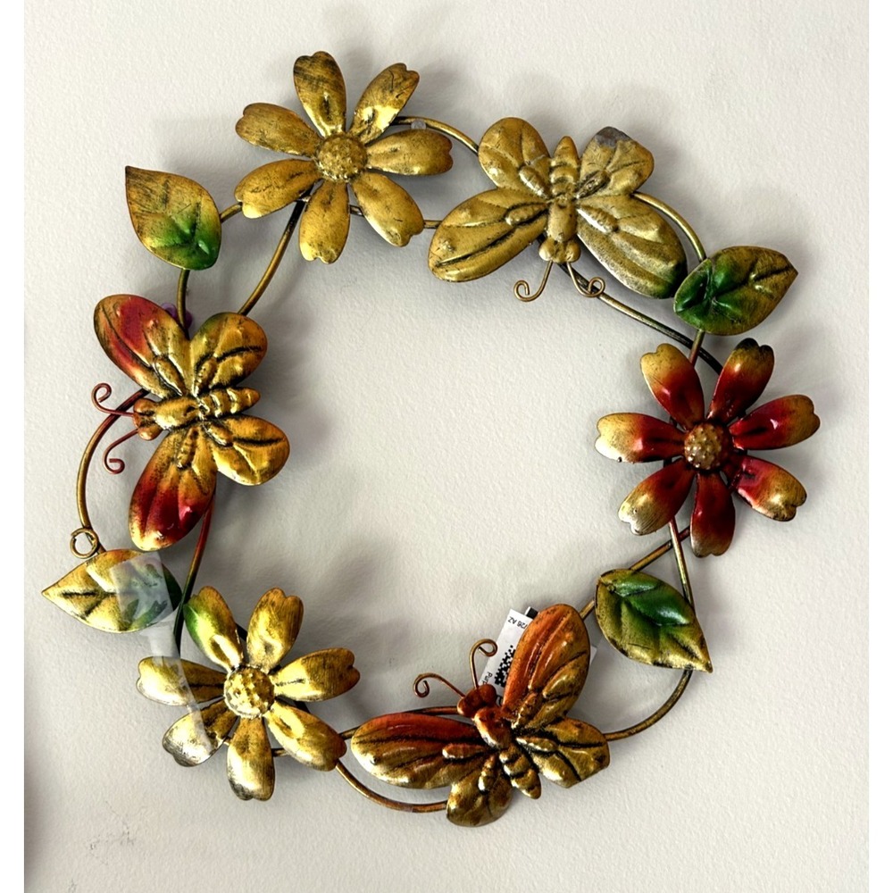 Vintage Brass Tone Butterfly Wreath Wall Hanging Dresden Style 11" Decor